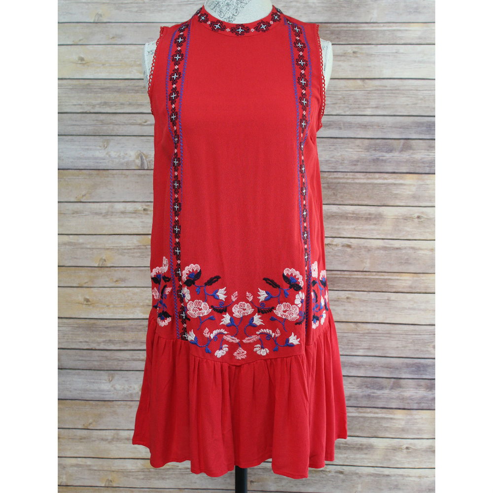 Red Embroidered Floral Drop Waist Boho Dress NEW L